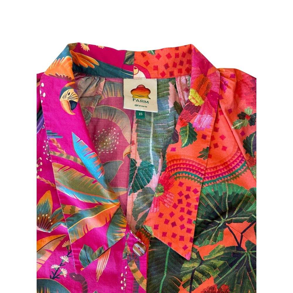 FARM Rio XS Colorblock Mixed Tropical Print Mini Shirt Dress Pink Orange Birds - Picture 2 of 7